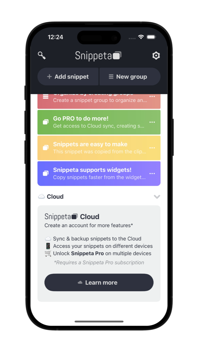 Snippeta Cloud card showing sync and backup features