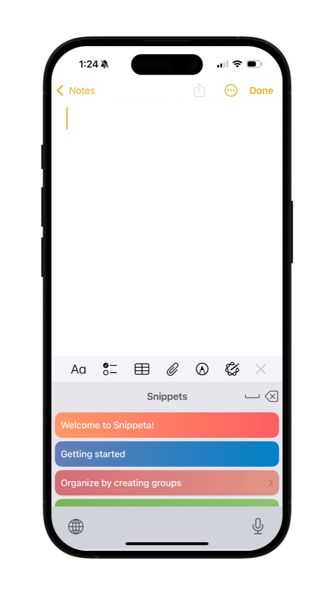 Snippeta keyboard open inside Apple Notes