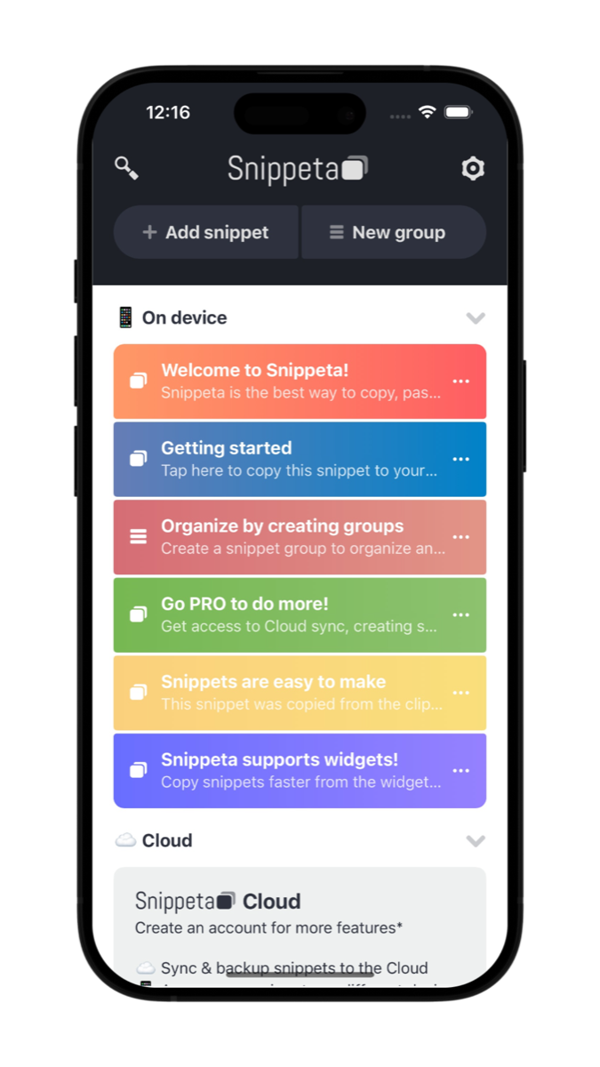 Snippeta home screen with saved snippets and groups