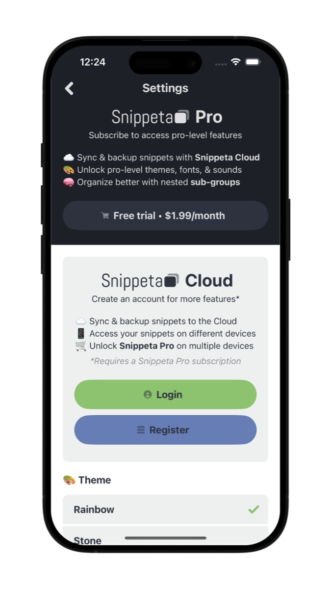 Snippeta Pro settings screen with cloud and theme options